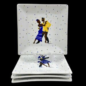 Ty Wilson 4 Luncheon Salad Plates African American Jazz Dancers 7" Square